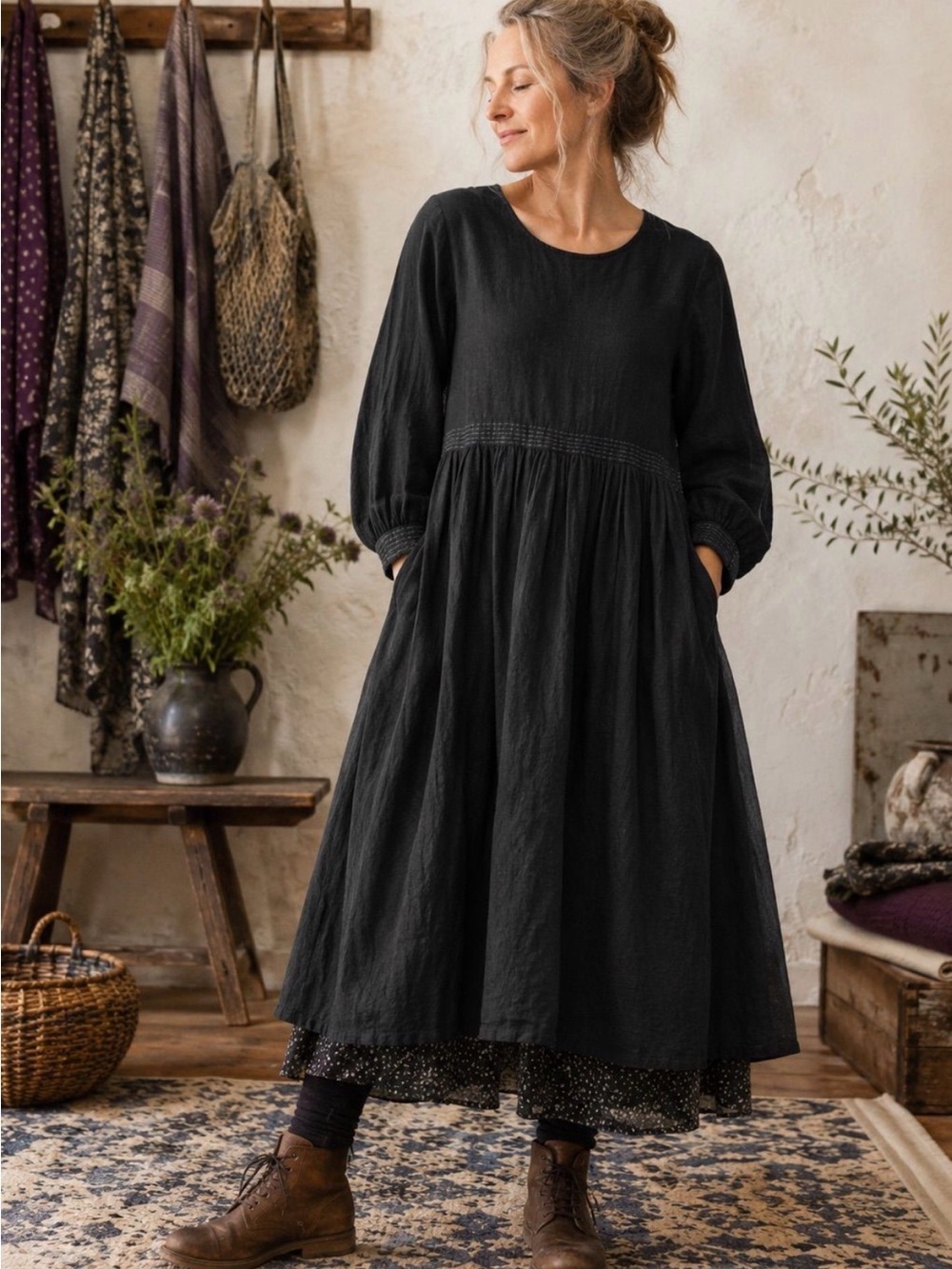 Gudrun Sjödén Black Linen Blend Midi Maxi Dress Lagenlook Scandinavian - Picture 1 of 1